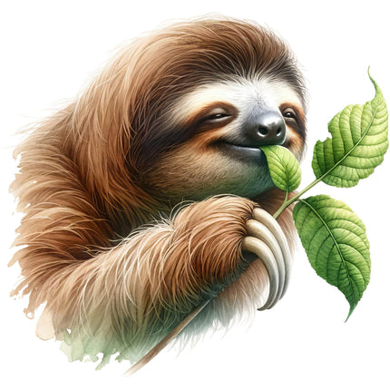 A digitally printed fabric panel featuring a brown sloth holding green leaves.