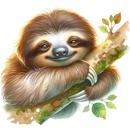 A digitally printed fabric panel featuring a cute sloth holding a branch with leaves in the background.
