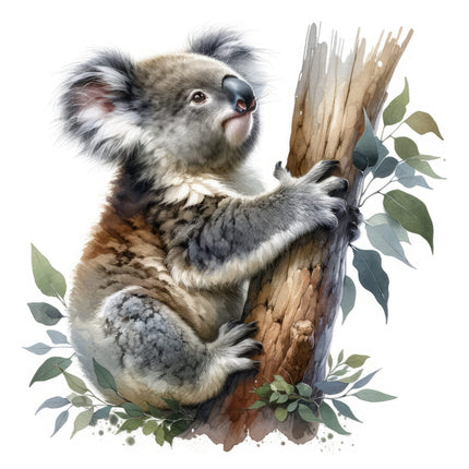 A digitally printed 100% cotton fabric panel featuring a koala bear sitting on a eucalyptus branch with leaves around.
