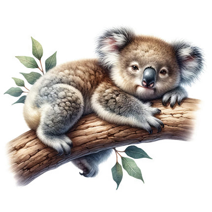 A digitally printed 100% cotton fabric panel featuring a cute koala bear sitting on a branch with leaves.