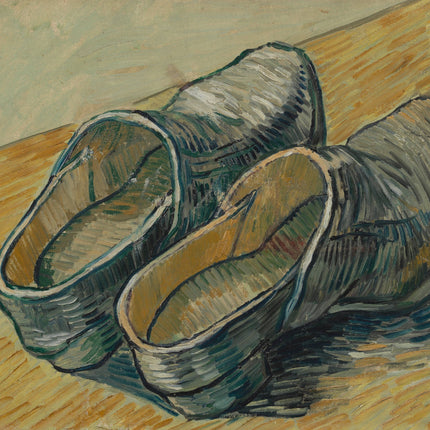 A fabric panel featuring a digitally printed design of wooden shoes, inspired by Vincent Van Gogh's art.