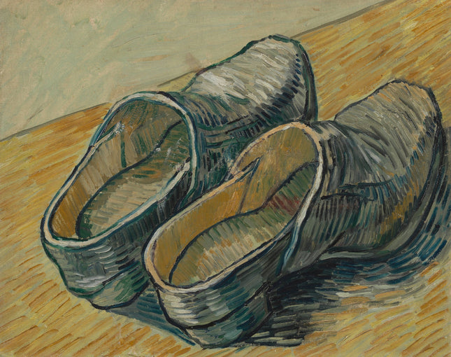 A fabric panel featuring a digitally printed design of wooden shoes, inspired by Vincent Van Gogh's art.