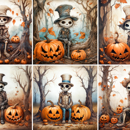 6 Piece 5"x5" Halloween Skeletons 100% Cotton Fabric Panel Squares Quilting Blocks