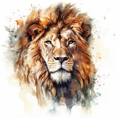 A digitally printed fabric panel featuring a block image of a lion's face with a watercolor effect.