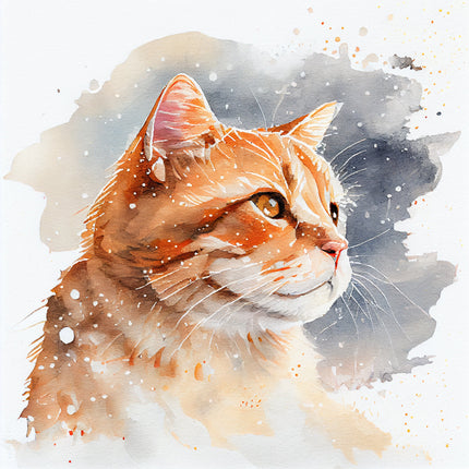 A digitally printed 100% cotton fabric panel featuring a watercolor painting of an orange cat with a gray background.