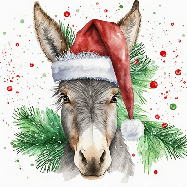 Donkey wearing a Santa hat quilt block