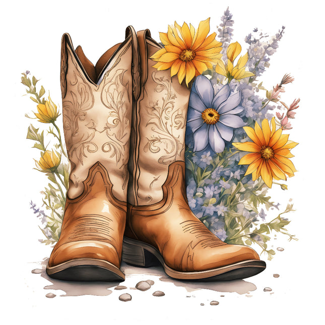 A fabric panel block featuring a pair of cowboy boots with floral patterns alongside a bouquet of flowers.