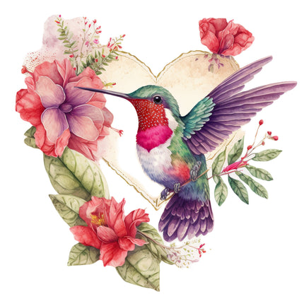 A fabric panel featuring a digitally printed hummingbird with red, pink, and green colors surrounded by floral designs on a beige background.