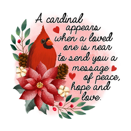 A fabric panel featuring a digital print of a red cardinal, poinsettia flowers, pine cones, and hearts with a message of peace, hope, and love.