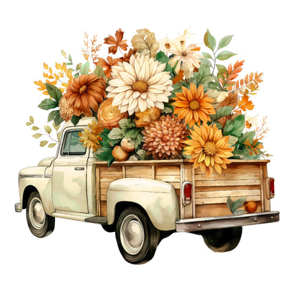 A fabric panel featuring a floral arrangement with autumn colors, neatly loaded in the back of a vintage truck fabric panel