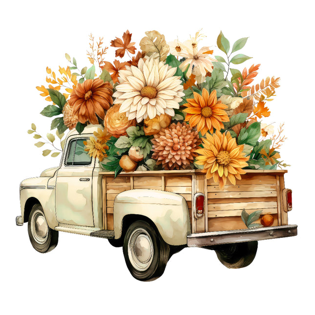 A fabric panel featuring a floral arrangement with autumn colors, neatly loaded in the back of a vintage truck fabric panel