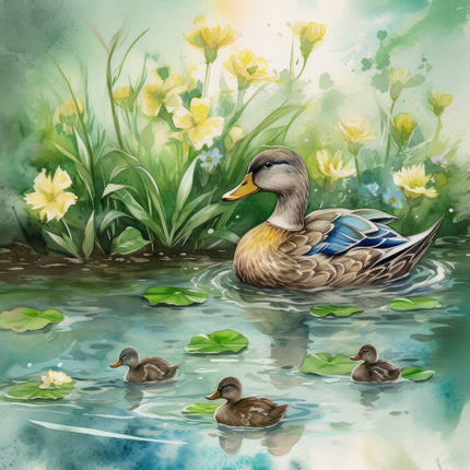 A fabric panel featuring a digitally printed image of ducks swimming in a pond with yellow flowers and green foliage in the background.