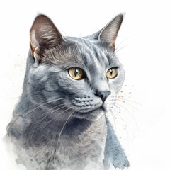 A digitally printed 100% cotton fabric panel featuring a close-up image of a grey cat with yellow eyes.