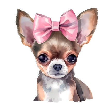 A fabric panel block featuring a digitally printed chihuahua dog with a pink bow on its head.
