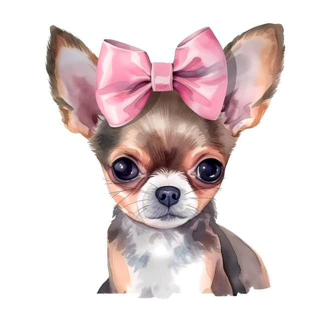 A fabric panel block featuring a digitally printed chihuahua dog with a pink bow on its head.