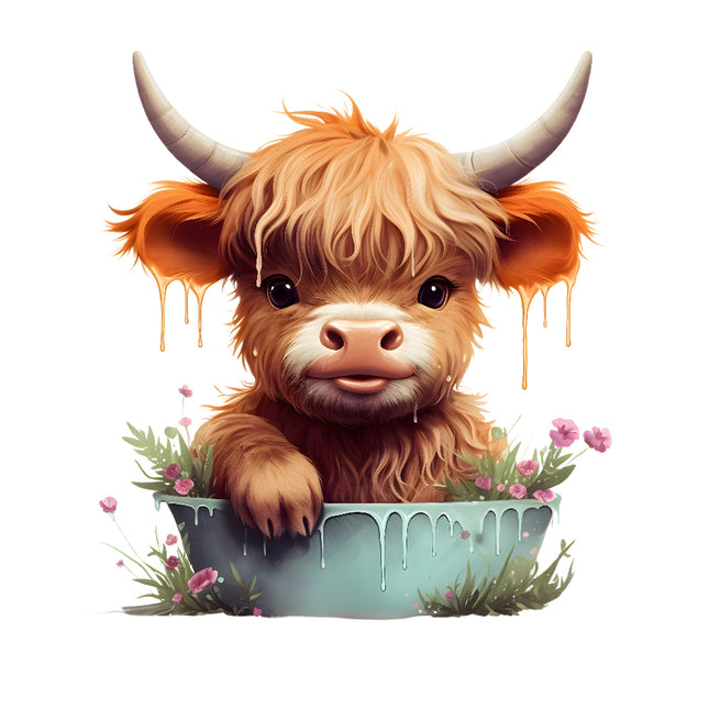 A digitally printed fabric panel featuring a cute baby Highland cow with flowers.