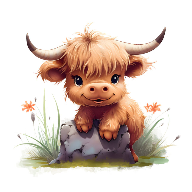 A digitally printed fabric panel featuring a cute baby Highland cow sitting on a rock with flowers around it.
