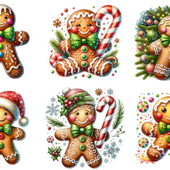 Set of six Christmas-themed gingerbread man illustrations with candy canes and festive decorations quilt blocks