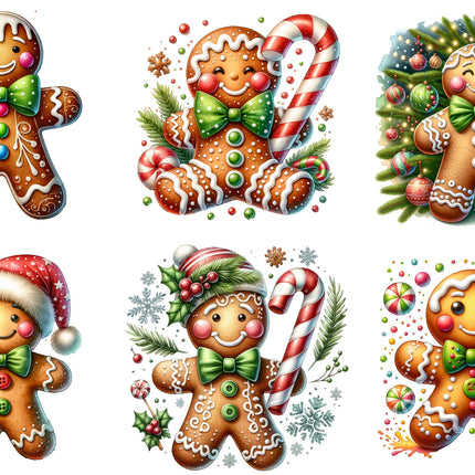 Set of six Christmas-themed gingerbread man illustrations with candy canes and festive decorations quilt blocks