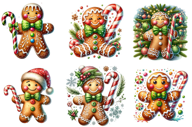 Set of six Christmas-themed gingerbread man illustrations with candy canes and festive decorations quilt blocks