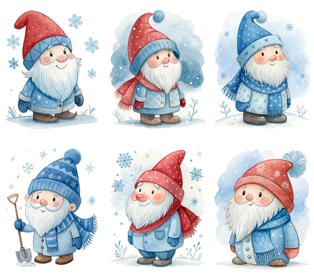 6 Piece 6"x6" Winter Gnomes 100% Cotton Fabric Panel Squares Quilting Blocks