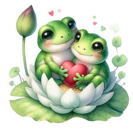 A digitally printed 100% cotton fabric panel featuring a cute frog couple sitting on a lily pad with a heart, surrounded by leaves and a lotus flower.