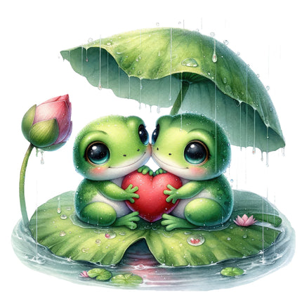 A digitally printed 100% cotton fabric panel featuring a cute frog couple holding a red heart, with a green lotus leaf and raindrops in the background.
