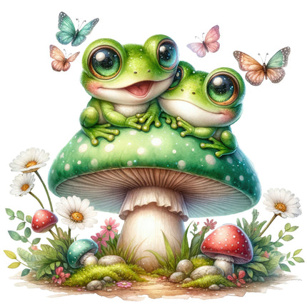 A colorful illustration of two green frogs sitting on a large mushroom, surrounded by butterflies, flowers, and mushrooms.