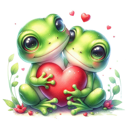 A digitally printed 100% cotton fabric panel featuring a quilt block with two green frogs holding a red heart, surrounded by red and green accents and white background.
