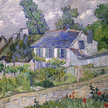 A digitally printed 100% cotton fabric panel featuring a painting of houses with a garden in the foreground, consistent with the style of Vincent Van Gogh.