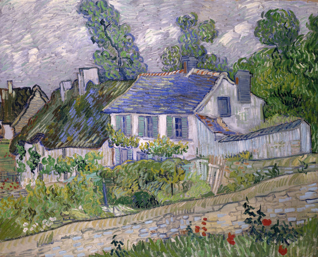 A digitally printed 100% cotton fabric panel featuring a painting of houses with a garden in the foreground, consistent with the style of Vincent Van Gogh.