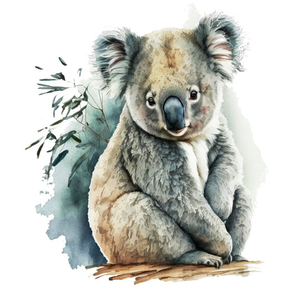 koala bear sitting on a branch with leaves fabric panel