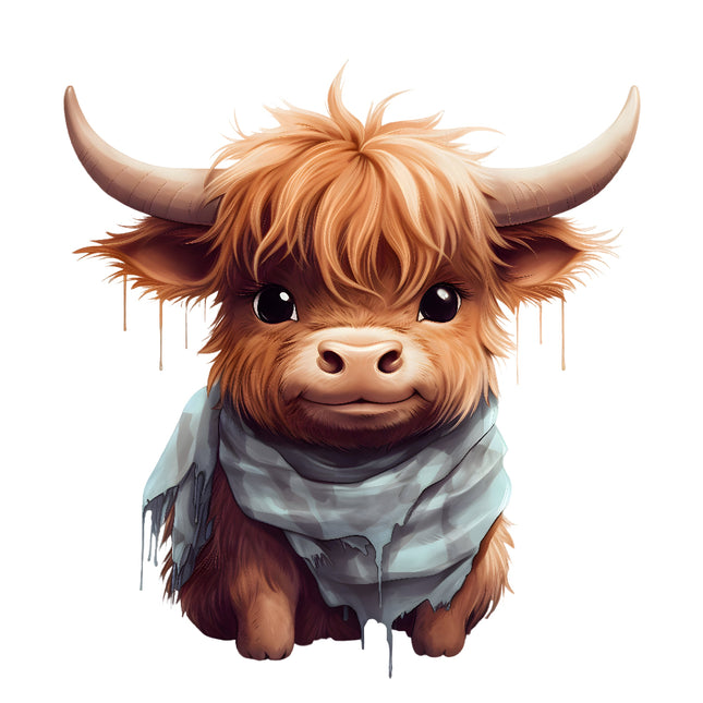 A digitally printed 100% cotton fabric panel featuring a block of a baby Highland cow with a scarf.