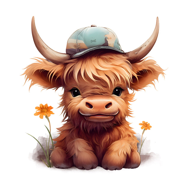 A digitally printed fabric panel featuring a baby Highland cow with a hat, sitting beside two orange flowers.