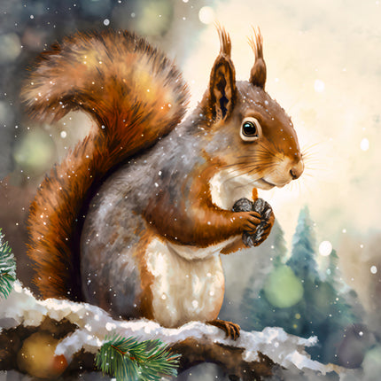 Illustration of a squirrel on a branch with a snowy background fabric panel