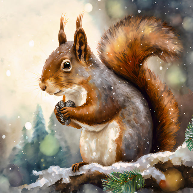 squirrel in a snowy landscape with trees in the background fabric panel