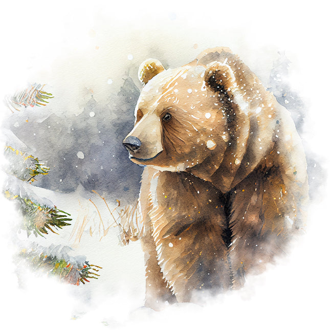 A digitally printed fabric panel featuring a brown bear in a snowy setting with pine branches.