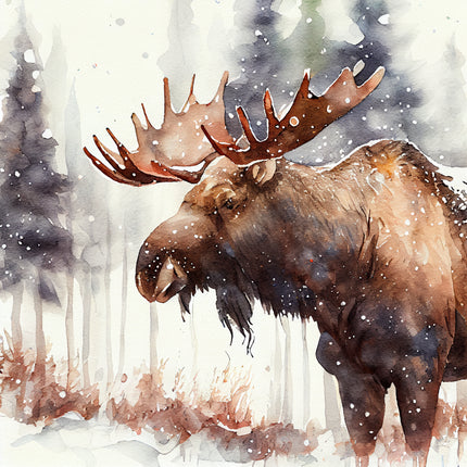Moose in a snowy forest fabric panel