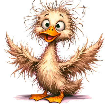 A digitally printed 100% cotton fabric panel featuring a cartoon image of a frazzled duck with a humorous expression.