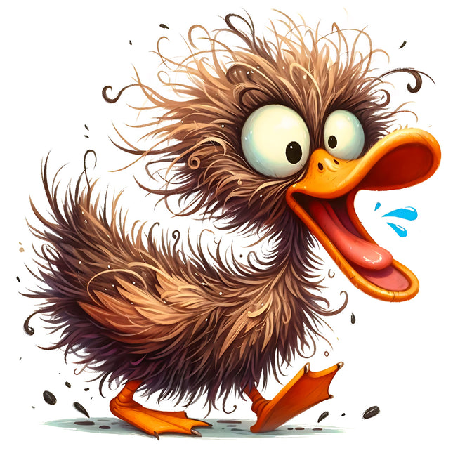 A digitally printed fabric panel featuring a cartoon image of a frazzled duck with a funny expression.