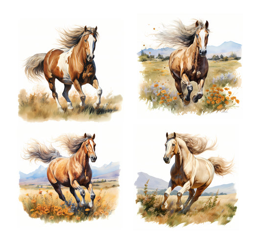 4 Piece 6"x6" Horses 100% Cotton Fabric Panel Squares | Quilting Sewing Blocks