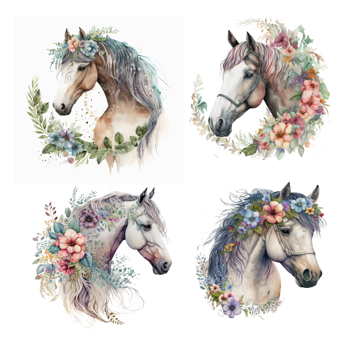 4 Piece 4"x4" Floral Horses 100% Cotton Fabric Panel Squares | Quilting Sewing Blocks