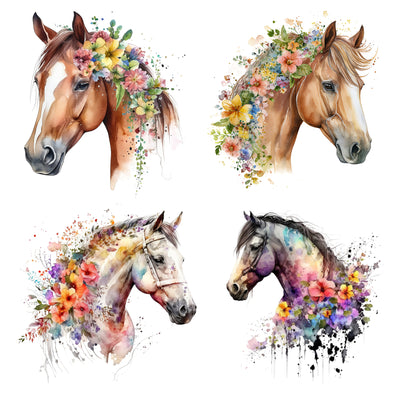 4 Piece 6"x6" Boho Floral Horses 100% Cotton Fabric Panel Squares | Quilting Sewing Blocks