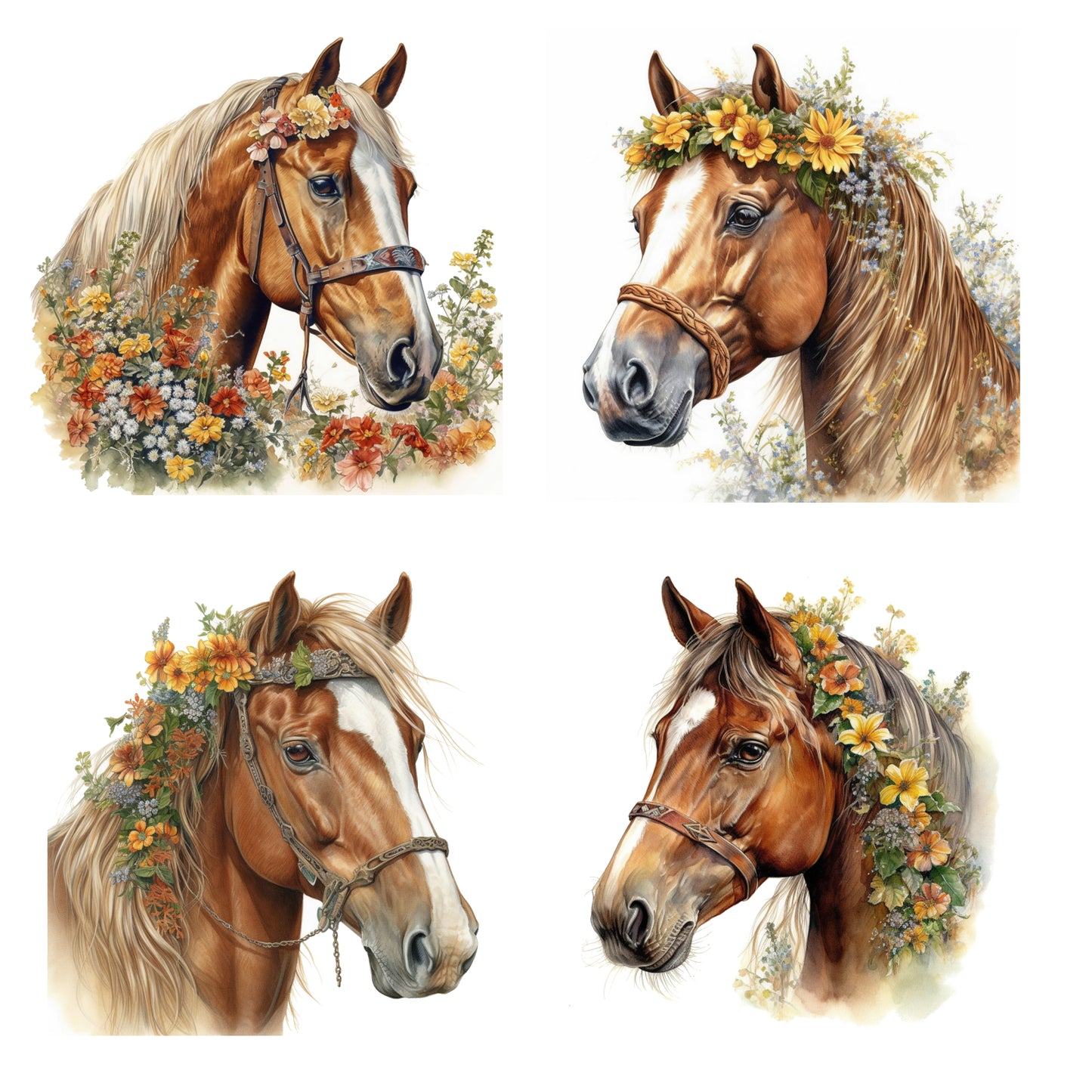 4 Piece 4"x4" Floral Horses 100% Cotton Fabric Panel Squares | Quilting Sewing Blocks