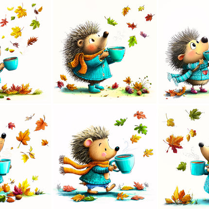 6 Piece 6"x6" Autumn Hedgehogs 100% Cotton Fabric Panel Squares Quilting Blocks