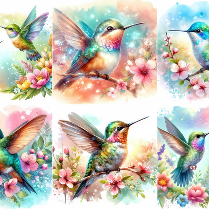 Set of six images of colorful hummingbirds and flowers fabric panels