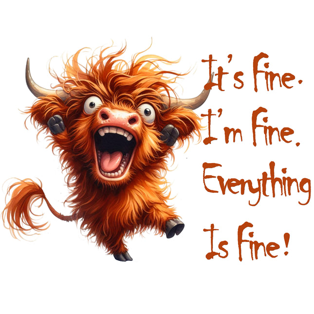 Quirky Humor Frazzled Highland Cow I'm Fine 100% Cotton Fabric Panel Block IF4