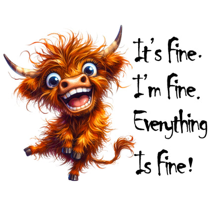 Quirky Humor Frazzled Highland Cow I'm Fine 100% Cotton Fabric Panel Block IF6