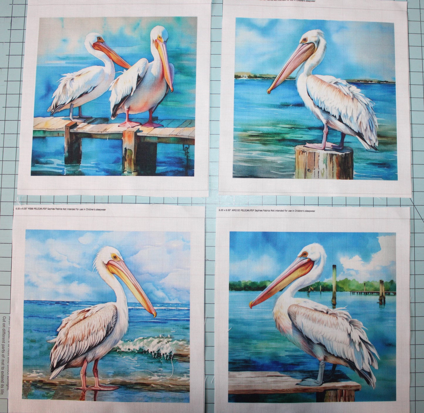 4 Piece 3"x3" Pelicans 100% Cotton Fabric Panel Squares | Quilting Sewing Blocks