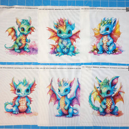 Set of six colorful dragon fabric panels